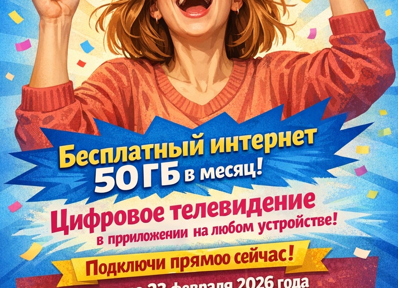 Не упустите супер-акцию: бесплатный интернет 50 ГБ + 50 каналов цифрового ТВ всего за 5000 рублей до 23 февраля!
